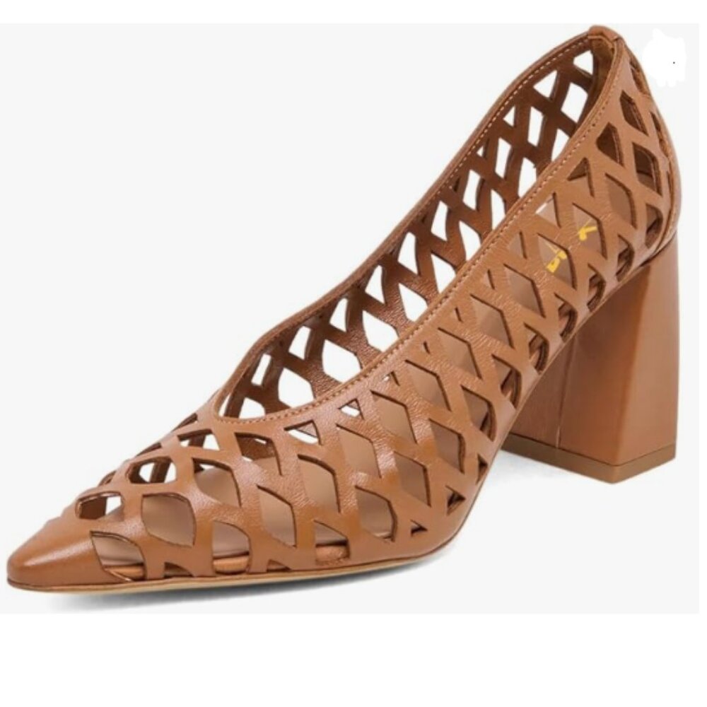 XYD Brown Chunky Heels Pointed Toe Woven Pumps Slip-on Cutout Chic Office Shoes